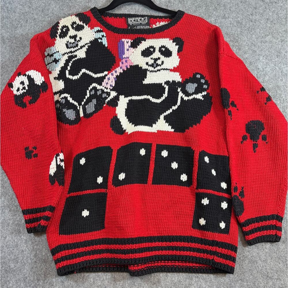 Berek  Red Black Panda Graphic Crewneck Sweater with White Accents